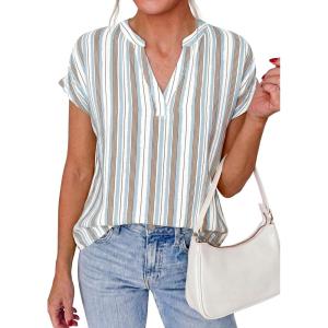 PRETTYGARDEN Womens Floral Print Short Sleeve Summer Tops 2026 Trendy V Neck Loose Boho Shirts Casual Work Blouses(Striped White Red Brown)