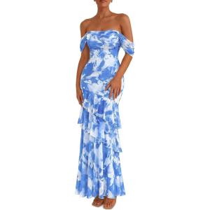 PRETTYGARDEN Women’s Formal Cocktail Maxi Dresses 2026 Summer Off Shoulder Floral Mesh Bodycon Spring Wedding Guest Dress(Floral Blue)