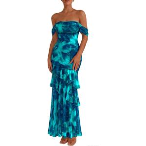 PRETTYGARDEN Women’s Formal Cocktail Maxi Dresses 2026 Summer Off Shoulder Floral Mesh Bodycon Spring Wedding Guest Dress(Floral Blue Green)
