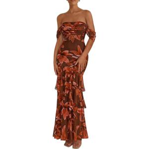PRETTYGARDEN Women’s Formal Cocktail Maxi Dresses 2026 Summer Off Shoulder Floral Mesh Bodycon Spring Wedding Guest Dress(Floral Brown)