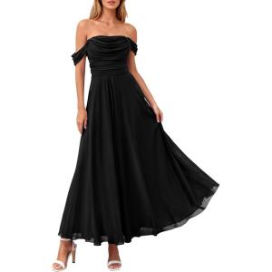 PRETTYGARDEN Womens Off Shoulder Maxi Summer Dresses 2026 Elegant Mesh Aline Swing Ruched Flowy Cocktail Wedding Guest Dress(Black)
