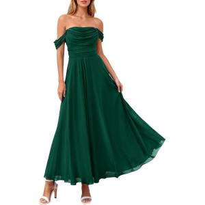 PRETTYGARDEN Womens Off Shoulder Maxi Summer Dresses 2026 Elegant Mesh Aline Swing Ruched Flowy Cocktail Wedding Guest Dress(Dark Green)