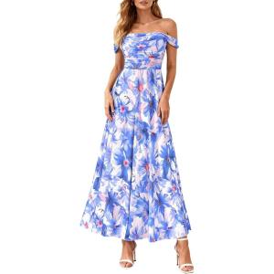 PRETTYGARDEN Womens Off Shoulder Maxi Summer Dresses 2026 Elegant Mesh Aline Swing Ruched Flowy Cocktail Wedding Guest Dress(Floral Blue Pink)