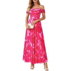 PRETTYGARDEN Womens Off Shoulder Maxi Summer Dresses 2026 Elegant Mesh Aline Swing Ruched Flowy Cocktail Wedding Guest Dress(Floral Rose Red)
