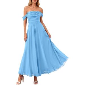 PRETTYGARDEN Womens Off Shoulder Maxi Summer Dresses 2026 Elegant Mesh Aline Swing Ruched Flowy Cocktail Wedding Guest Dress(Light Blue)