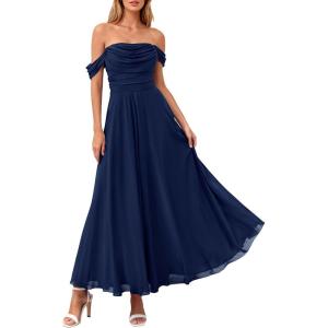 PRETTYGARDEN Womens Off Shoulder Maxi Summer Dresses 2026 Elegant Mesh Aline Swing Ruched Flowy Cocktail Wedding Guest Dress(Navy)