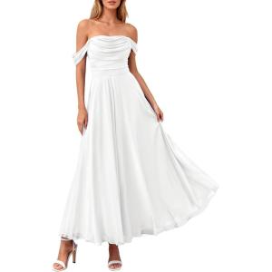 PRETTYGARDEN Womens Off Shoulder Maxi Summer Dresses 2026 Elegant Mesh Aline Swing Ruched Flowy Cocktail Wedding Guest Dress(White)