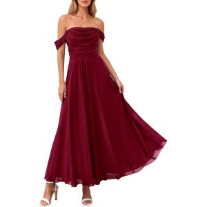 PRETTYGARDEN Womens Off Shoulder Maxi Summer Dresses 2026 Elegant Mesh Aline Swing Ruched Flowy Cocktail Wedding Guest Dress(Wine Red)