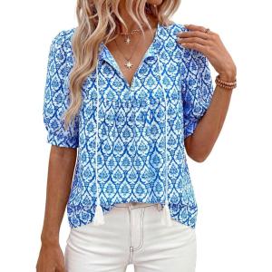 PRETTYGARDEN Womens Summer Boho Tops 2026 Vacation Outfits Casual Tie Front V Neck Peasant Blouses Puff Short Sleeve Shirts(Floral Blue)