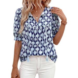 PRETTYGARDEN Womens Summer Boho Tops 2026 Vacation Outfits Casual Tie Front V Neck Peasant Blouses Puff Short Sleeve Shirts(Floral Navy)