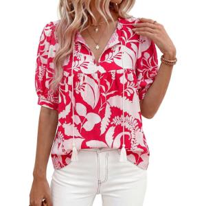 PRETTYGARDEN Womens Summer Boho Tops 2026 Vacation Outfits Casual Tie Front V Neck Peasant Blouses Puff Short Sleeve Shirts(Red Flower)