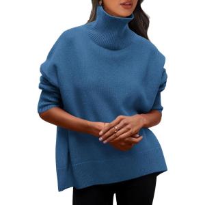 PRETTYGARDEN Women’s Turtleneck Oversized Sweater Long Sleeve Chunky Knit Pullover Casual Winter Jumper Tops (Denim Blue,Large)
