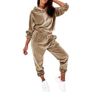 PRETTYGARDEN Women’s Velour Tracksuits Set Hooded Pullover Sweatpants Long Sleeve 2 Piece Joggers Outfits (Apricot,Medium)