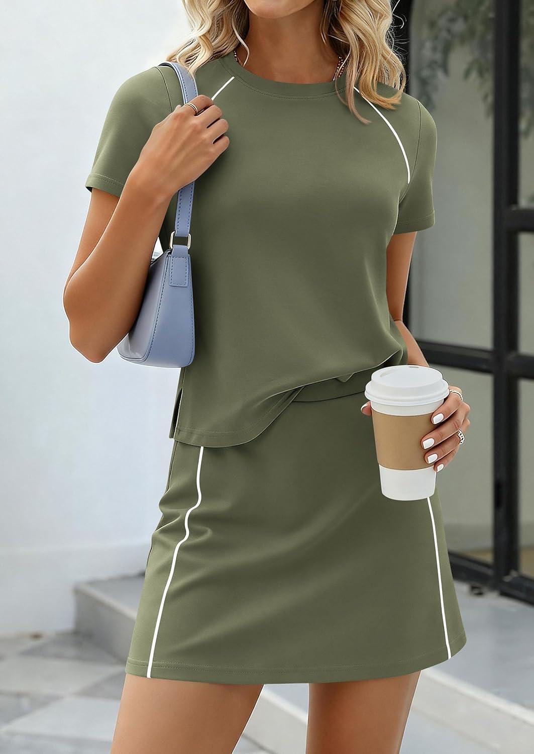 imagePRETTYGARDEN Womens 2026 Summer 2 Piece Skirt Sets Short Sleeve Shirts Tops Skorts Matching Workout Clothes Travel OutfitsArmy Green