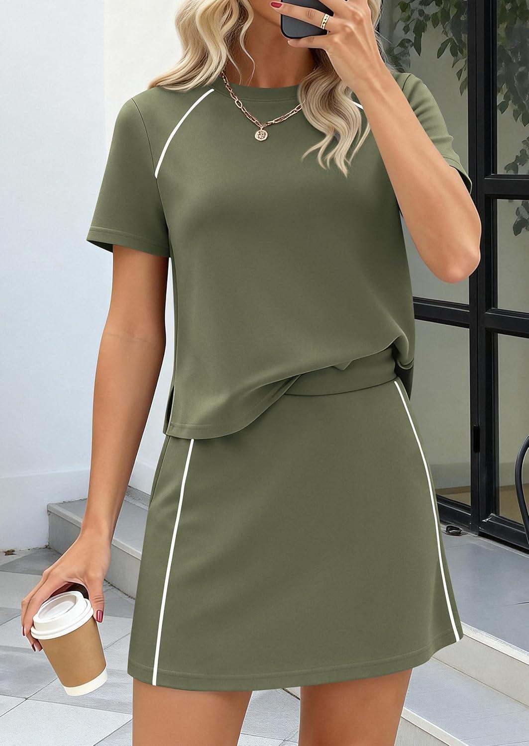 imagePRETTYGARDEN Womens 2026 Summer 2 Piece Skirt Sets Short Sleeve Shirts Tops Skorts Matching Workout Clothes Travel OutfitsArmy Green