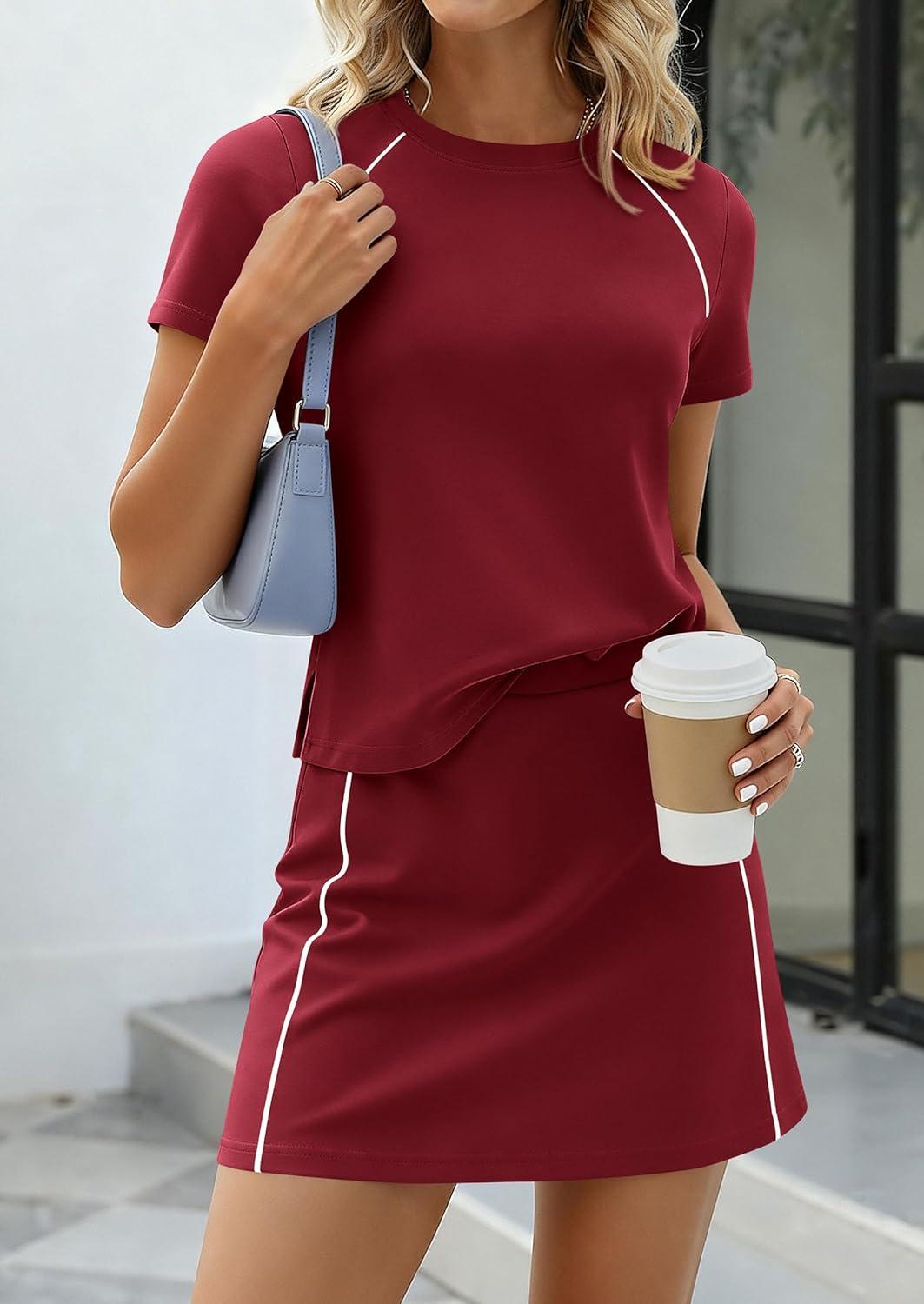 imagePRETTYGARDEN Womens 2026 Summer 2 Piece Skirt Sets Short Sleeve Shirts Tops Skorts Matching Workout Clothes Travel OutfitsBurgundy