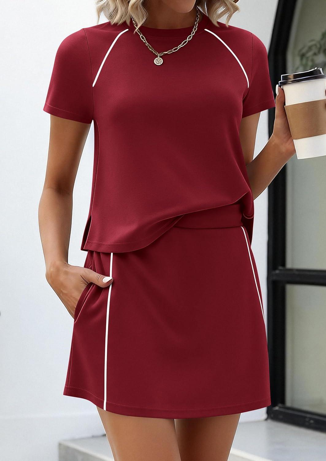 imagePRETTYGARDEN Womens 2026 Summer 2 Piece Skirt Sets Short Sleeve Shirts Tops Skorts Matching Workout Clothes Travel OutfitsBurgundy
