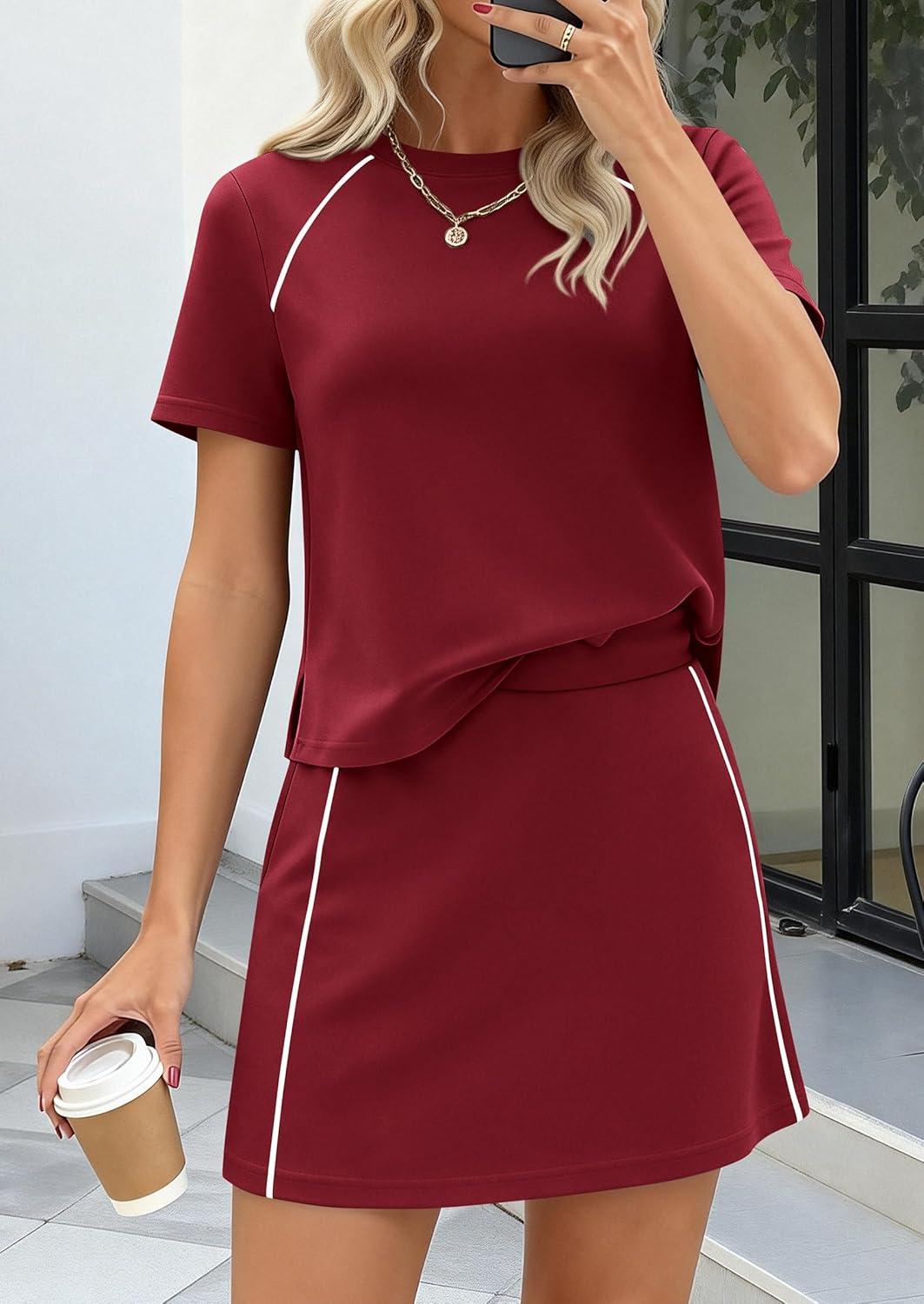 imagePRETTYGARDEN Womens 2026 Summer 2 Piece Skirt Sets Short Sleeve Shirts Tops Skorts Matching Workout Clothes Travel OutfitsBurgundy