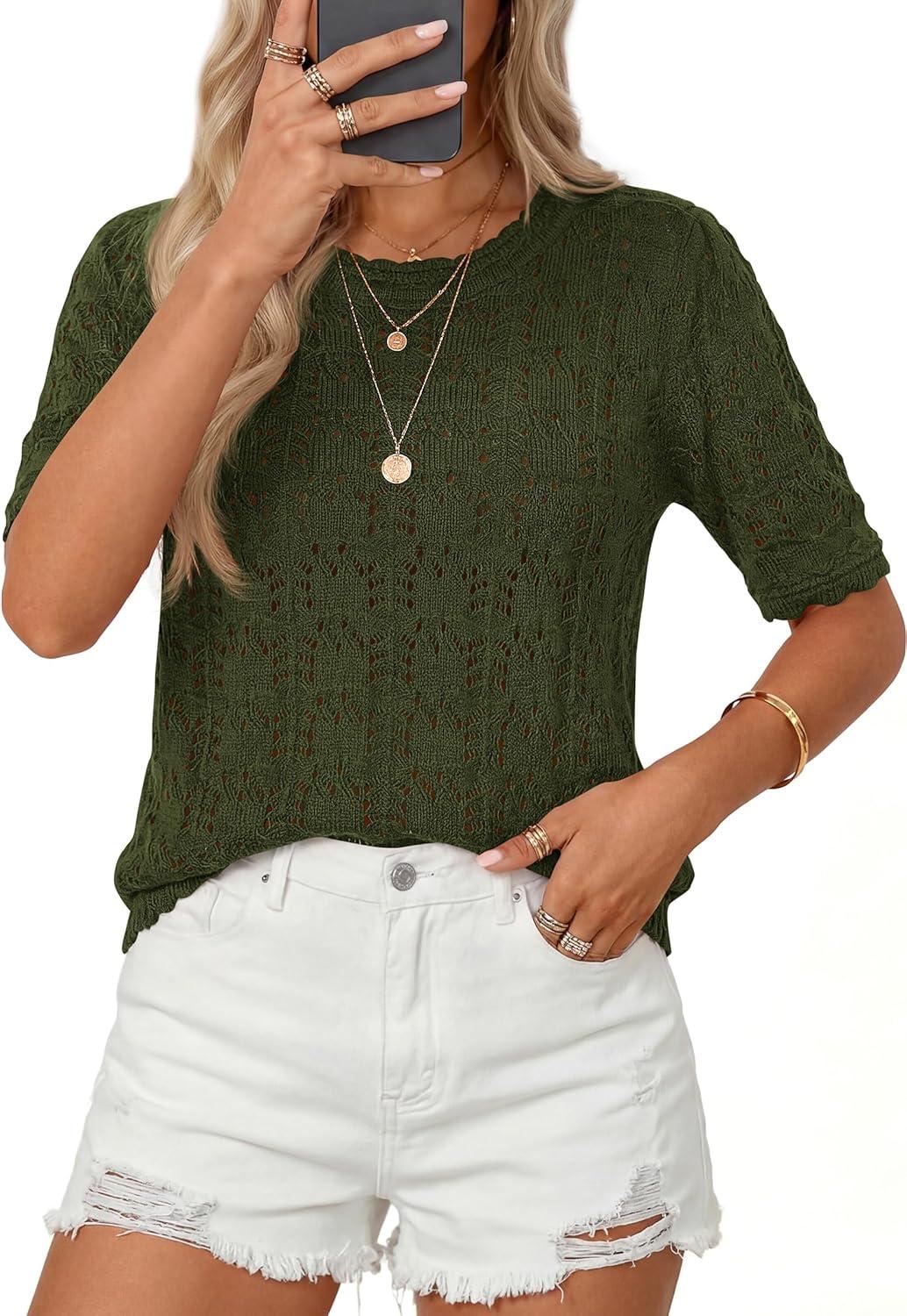 imagePRETTYGARDEN Womens Short Sleeve Sweater Trendy Crochet Summer Tops 2026 Casual Hollow Out Shirts Beach Vacation ClothesArmy Green