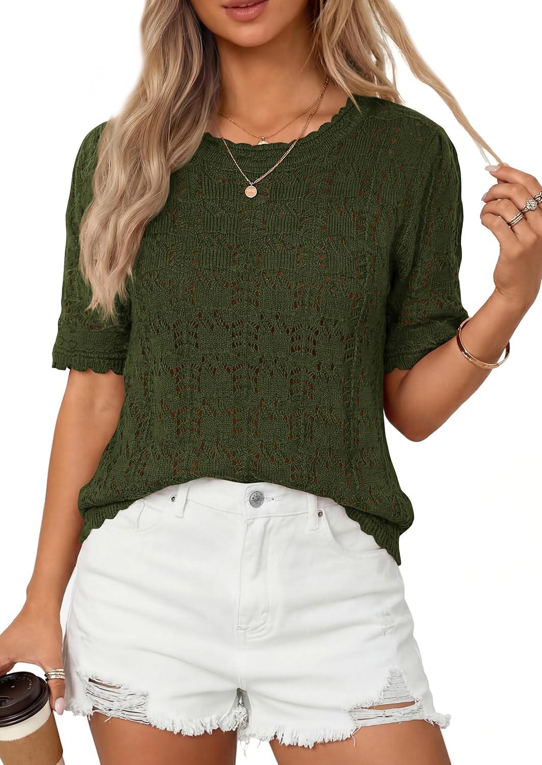 imagePRETTYGARDEN Womens Short Sleeve Sweater Trendy Crochet Summer Tops 2026 Casual Hollow Out Shirts Beach Vacation ClothesArmy Green