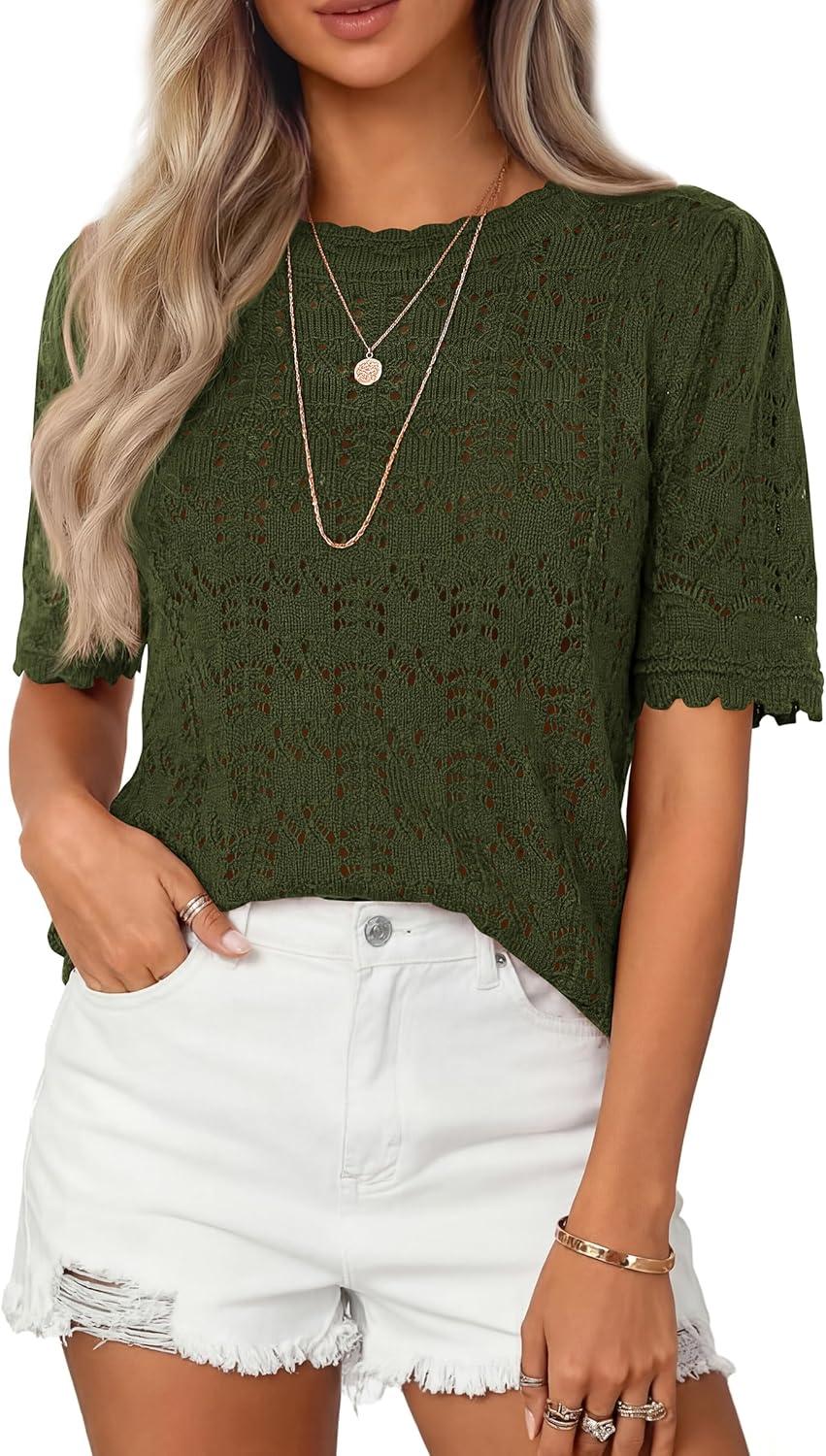 imagePRETTYGARDEN Womens Short Sleeve Sweater Trendy Crochet Summer Tops 2026 Casual Hollow Out Shirts Beach Vacation ClothesArmy Green