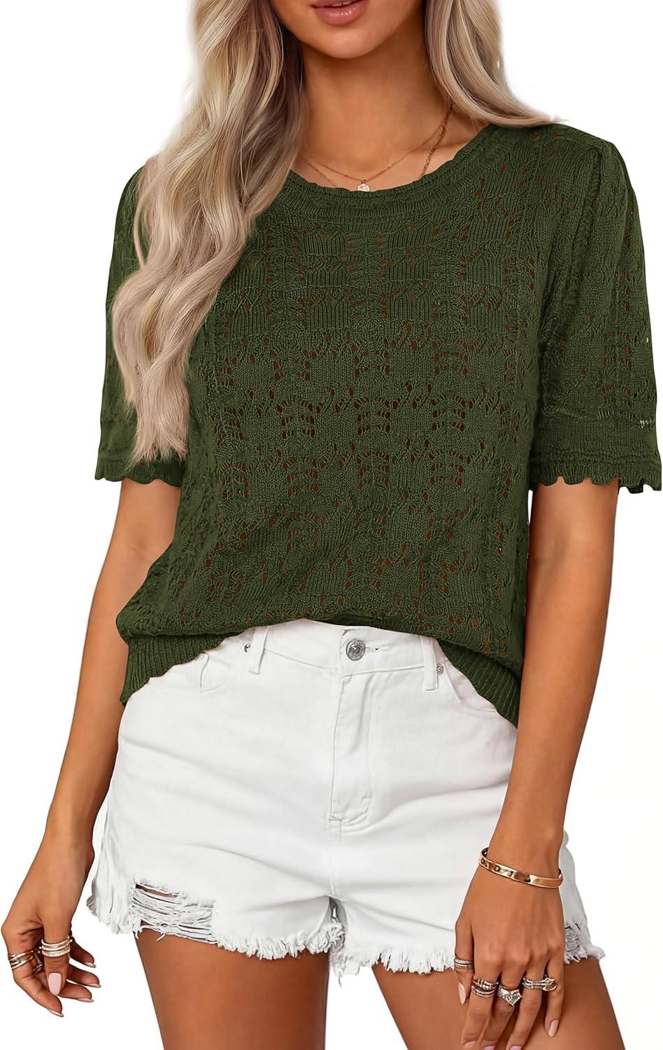 imagePRETTYGARDEN Womens Short Sleeve Sweater Trendy Crochet Summer Tops 2026 Casual Hollow Out Shirts Beach Vacation ClothesArmy Green
