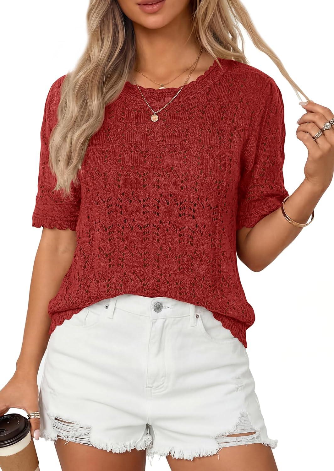 imagePRETTYGARDEN Womens Short Sleeve Sweater Trendy Crochet Summer Tops 2026 Casual Hollow Out Shirts Beach Vacation ClothesRed
