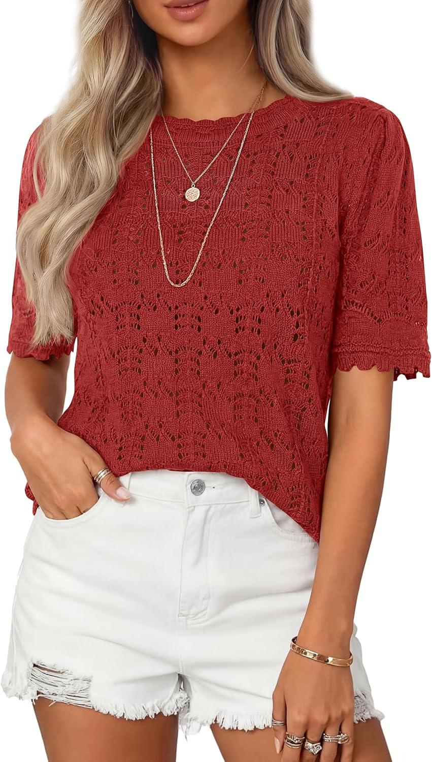 imagePRETTYGARDEN Womens Short Sleeve Sweater Trendy Crochet Summer Tops 2026 Casual Hollow Out Shirts Beach Vacation ClothesRed