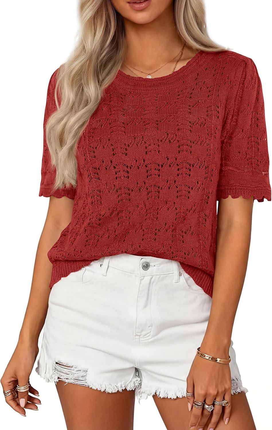 imagePRETTYGARDEN Womens Short Sleeve Sweater Trendy Crochet Summer Tops 2026 Casual Hollow Out Shirts Beach Vacation ClothesRed