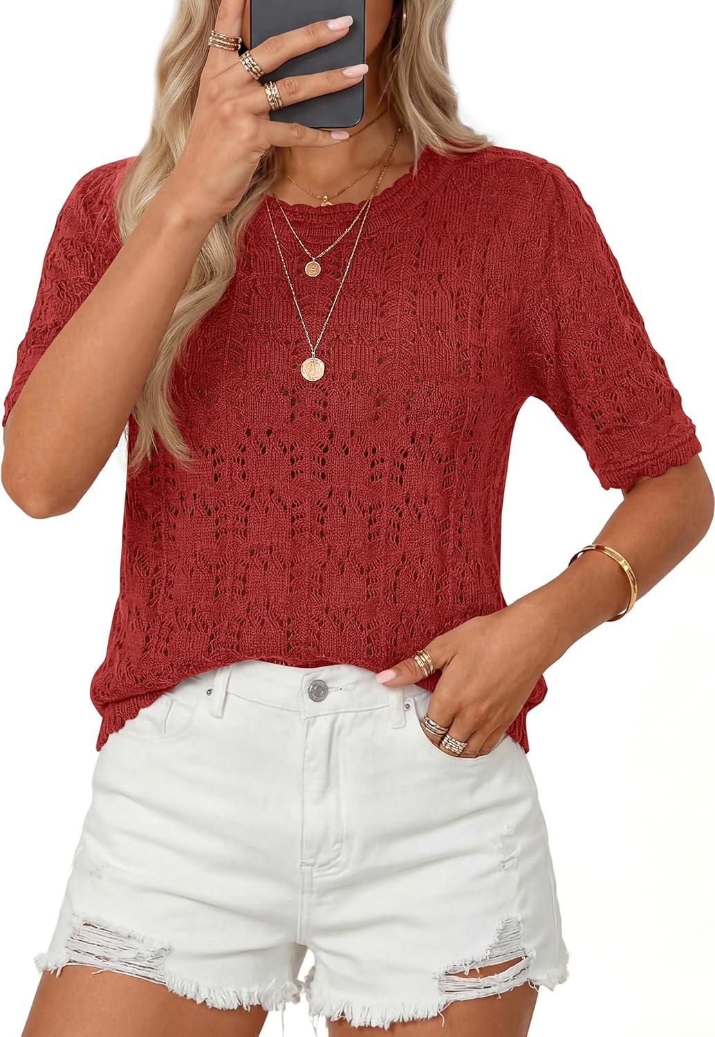 imagePRETTYGARDEN Womens Short Sleeve Sweater Trendy Crochet Summer Tops 2026 Casual Hollow Out Shirts Beach Vacation ClothesRed