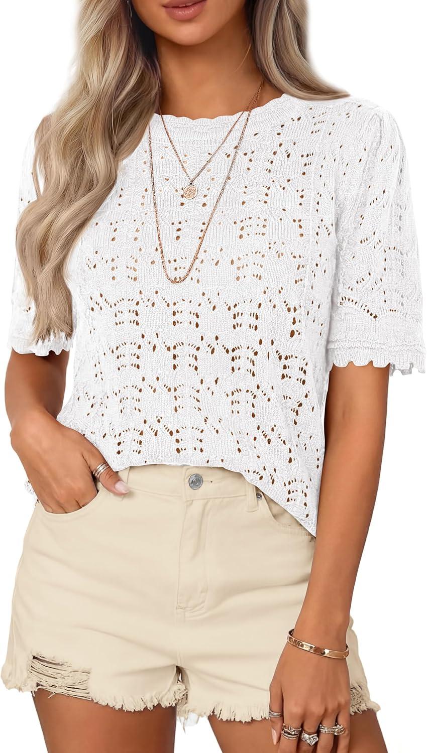 imagePRETTYGARDEN Womens Short Sleeve Sweater Trendy Crochet Summer Tops 2026 Casual Hollow Out Shirts Beach Vacation ClothesWhite