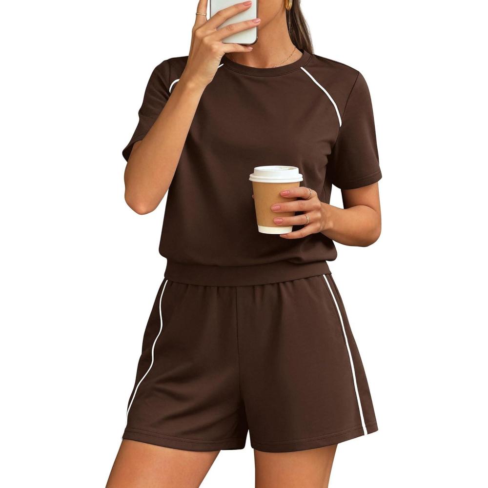imagePRETTYGARDEN Sweatsuits Women 2 Piece Outfit 2026 Summer Lounge Shorts Sets Matching Spring Travel Beach Vacation ClothesBrown
