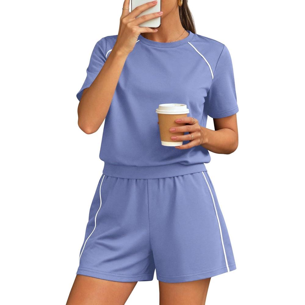 imagePRETTYGARDEN Sweatsuits Women 2 Piece Outfit 2026 Summer Lounge Shorts Sets Matching Spring Travel Beach Vacation ClothesLight Blue