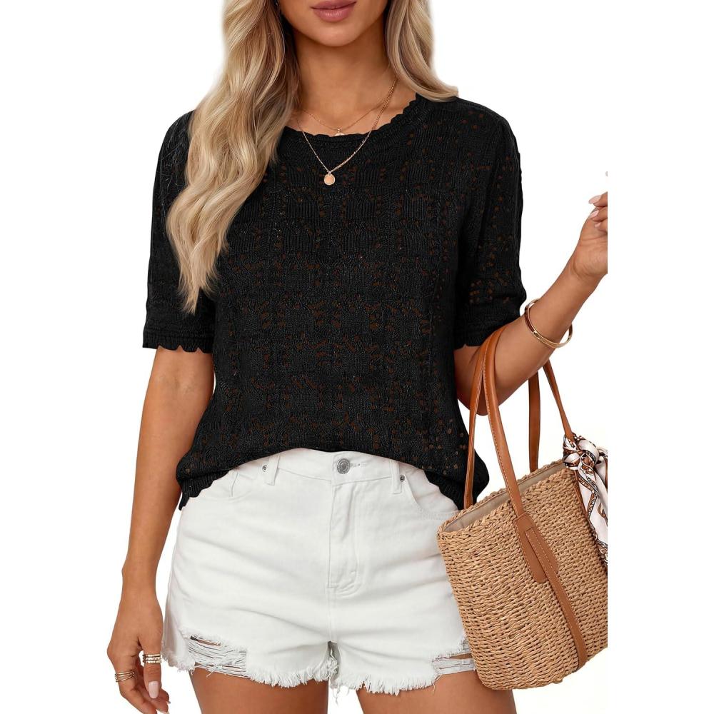 imagePRETTYGARDEN Womens Short Sleeve Sweater Trendy Crochet Summer Tops 2026 Casual Hollow Out Shirts Beach Vacation ClothesBlack