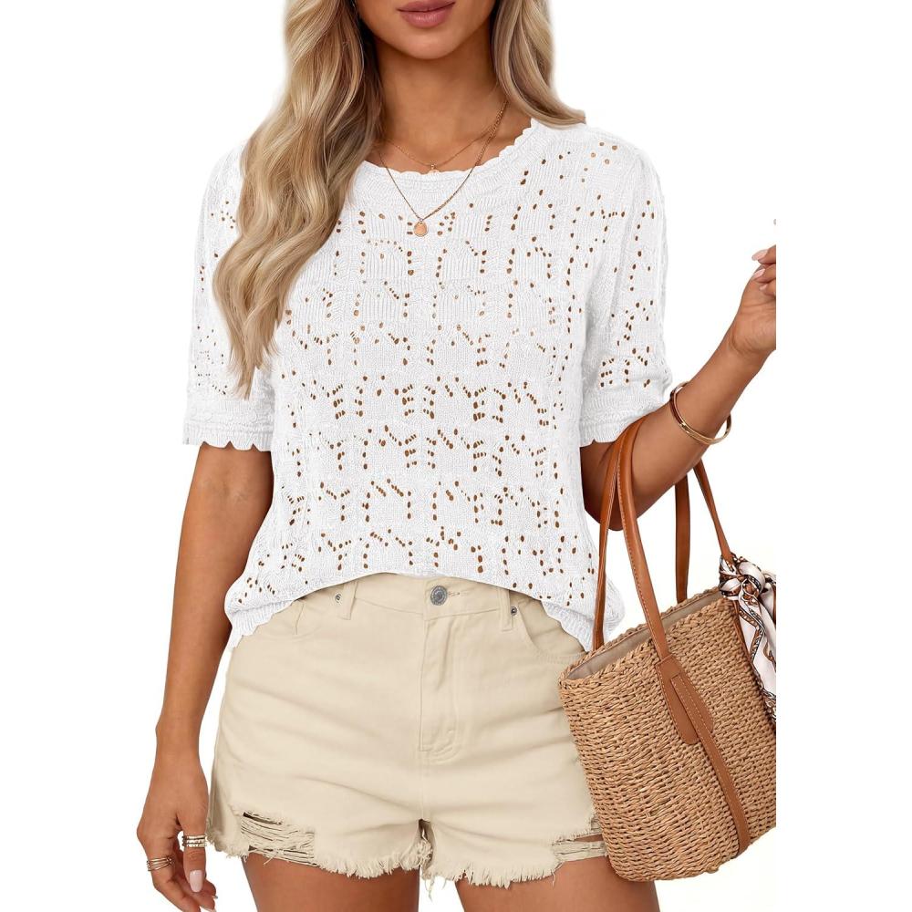 imagePRETTYGARDEN Womens Short Sleeve Sweater Trendy Crochet Summer Tops 2026 Casual Hollow Out Shirts Beach Vacation ClothesWhite
