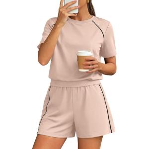 PRETTYGARDEN Sweatsuits Women 2 Piece Outfit 2026 Summer Lounge Shorts Sets Matching Spring Travel Beach Vacation Clothes(Beige)