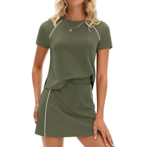 PRETTYGARDEN Women’s 2026 Summer 2 Piece Skirt Sets Short Sleeve Shirts Tops Skorts Matching Workout Clothes Travel Outfits(Army Green)