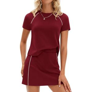 PRETTYGARDEN Women’s 2026 Summer 2 Piece Skirt Sets Short Sleeve Shirts Tops Skorts Matching Workout Clothes Travel Outfits(Burgundy)