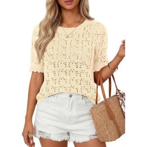 PRETTYGARDEN Women’s Short Sleeve Sweater Trendy Crochet Summer Tops 2026 Casual Hollow Out Shirts Beach Vacation Clothes(Beige)