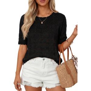 PRETTYGARDEN Women’s Short Sleeve Sweater Trendy Crochet Summer Tops 2026 Casual Hollow Out Shirts Beach Vacation Clothes(Black)