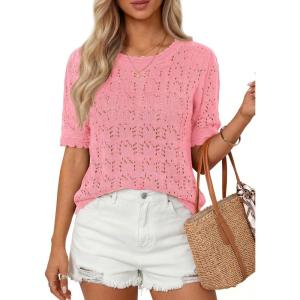 PRETTYGARDEN Women’s Short Sleeve Sweater Trendy Crochet Summer Tops 2026 Casual Hollow Out Shirts Beach Vacation Clothes(Pink)