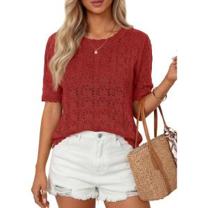 PRETTYGARDEN Women’s Short Sleeve Sweater Trendy Crochet Summer Tops 2026 Casual Hollow Out Shirts Beach Vacation Clothes(Red)