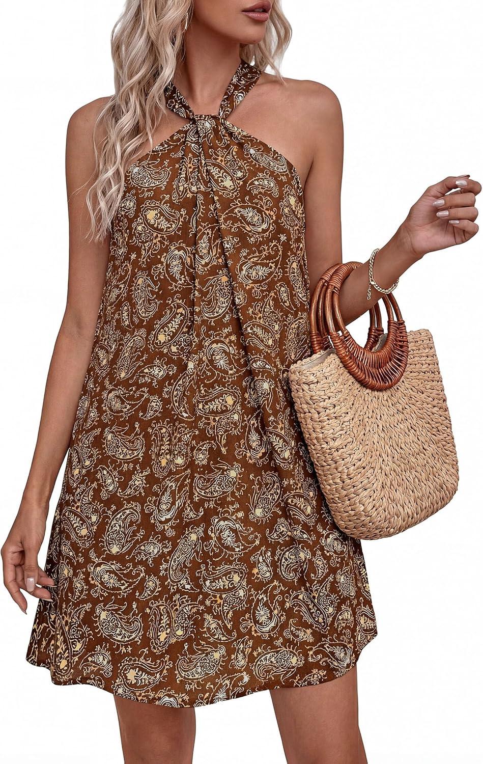 imagePRETTYGARDEN Womens 2026 Summer Halter Mini Dress Sleeveless Boho Floral Short Sundress Casual Flowy Beach DressesBrown Floral