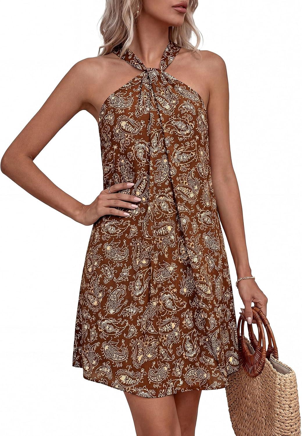 imagePRETTYGARDEN Womens 2026 Summer Halter Mini Dress Sleeveless Boho Floral Short Sundress Casual Flowy Beach DressesBrown Floral
