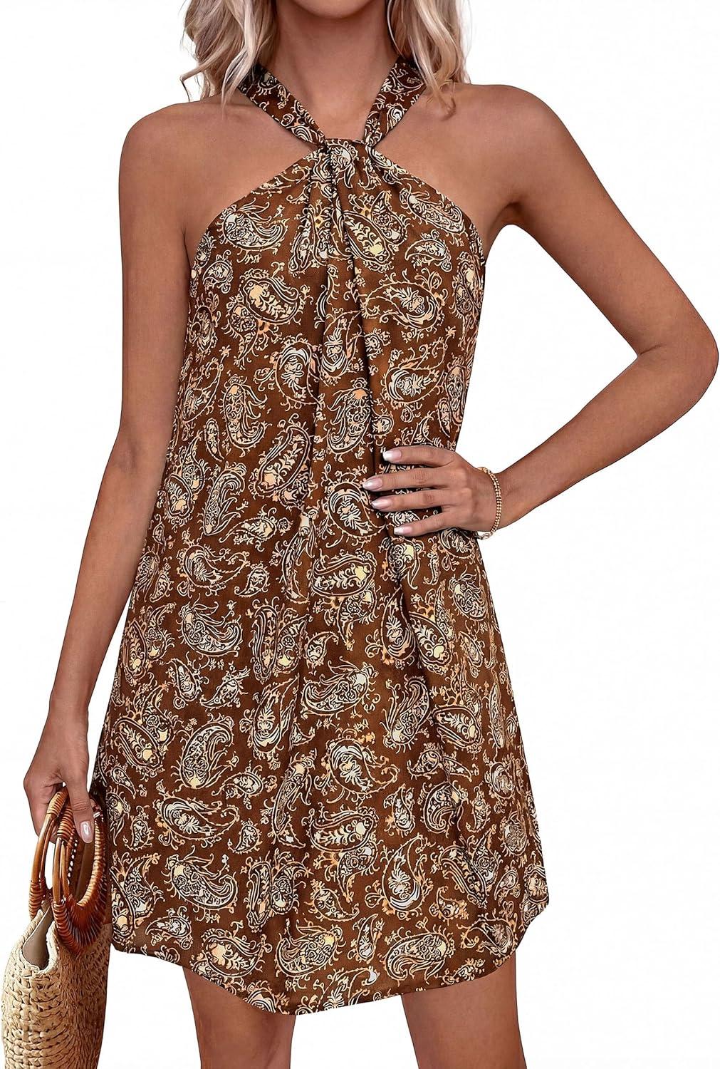 imagePRETTYGARDEN Womens 2026 Summer Halter Mini Dress Sleeveless Boho Floral Short Sundress Casual Flowy Beach DressesBrown Floral