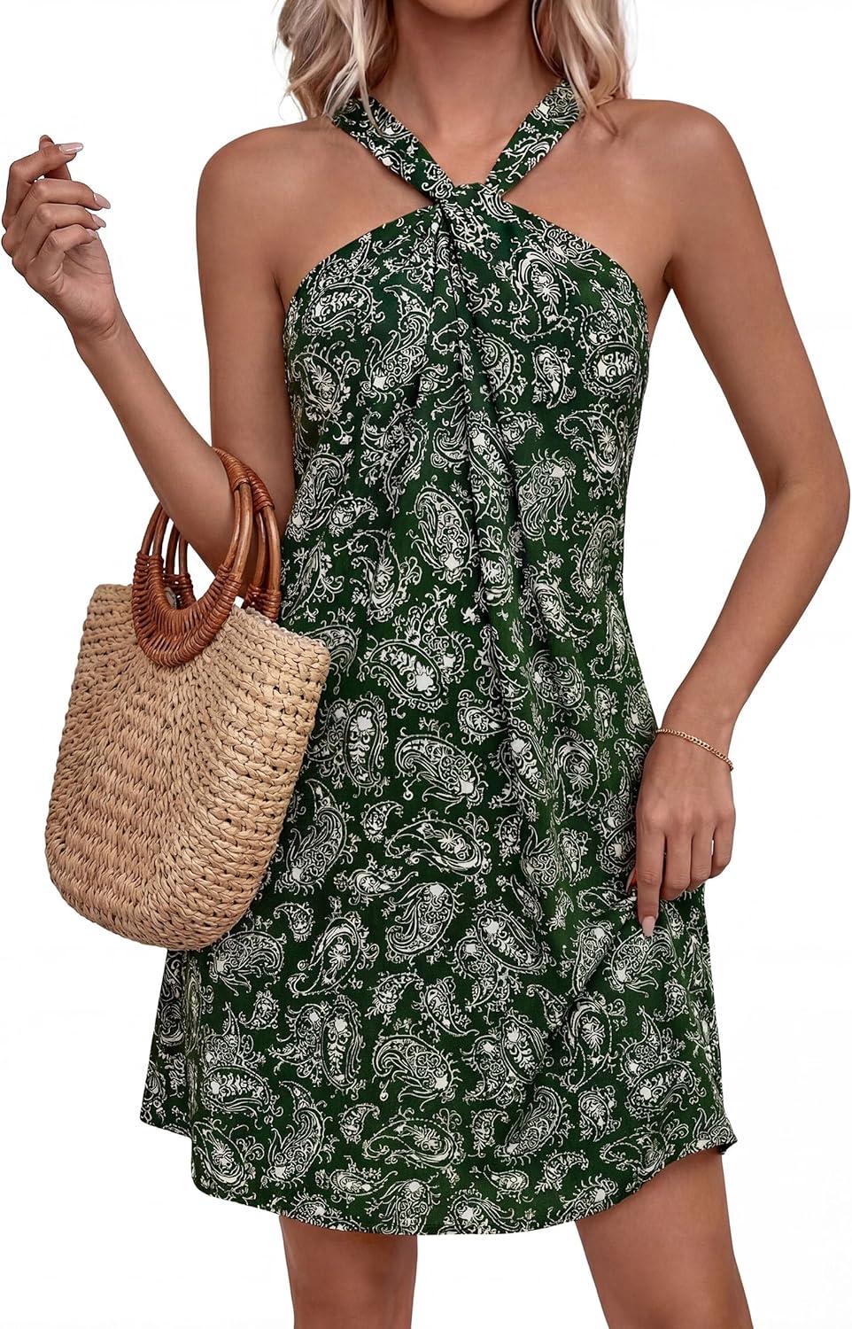 imagePRETTYGARDEN Womens 2026 Summer Halter Mini Dress Sleeveless Boho Floral Short Sundress Casual Flowy Beach DressesFloral Dark Army Green