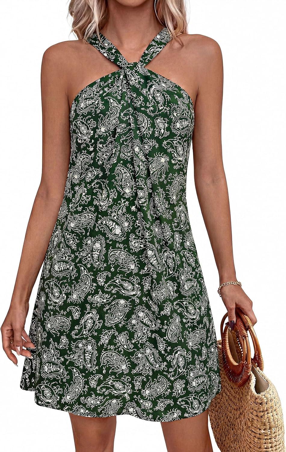 imagePRETTYGARDEN Womens 2026 Summer Halter Mini Dress Sleeveless Boho Floral Short Sundress Casual Flowy Beach DressesFloral Dark Army Green
