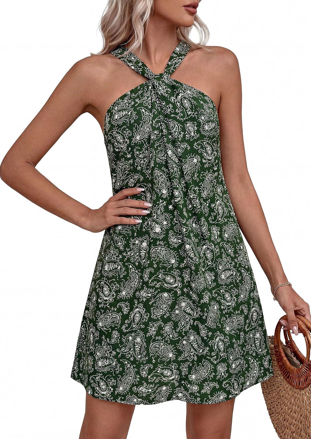 imagePRETTYGARDEN Womens 2026 Summer Halter Mini Dress Sleeveless Boho Floral Short Sundress Casual Flowy Beach DressesFloral Dark Army Green