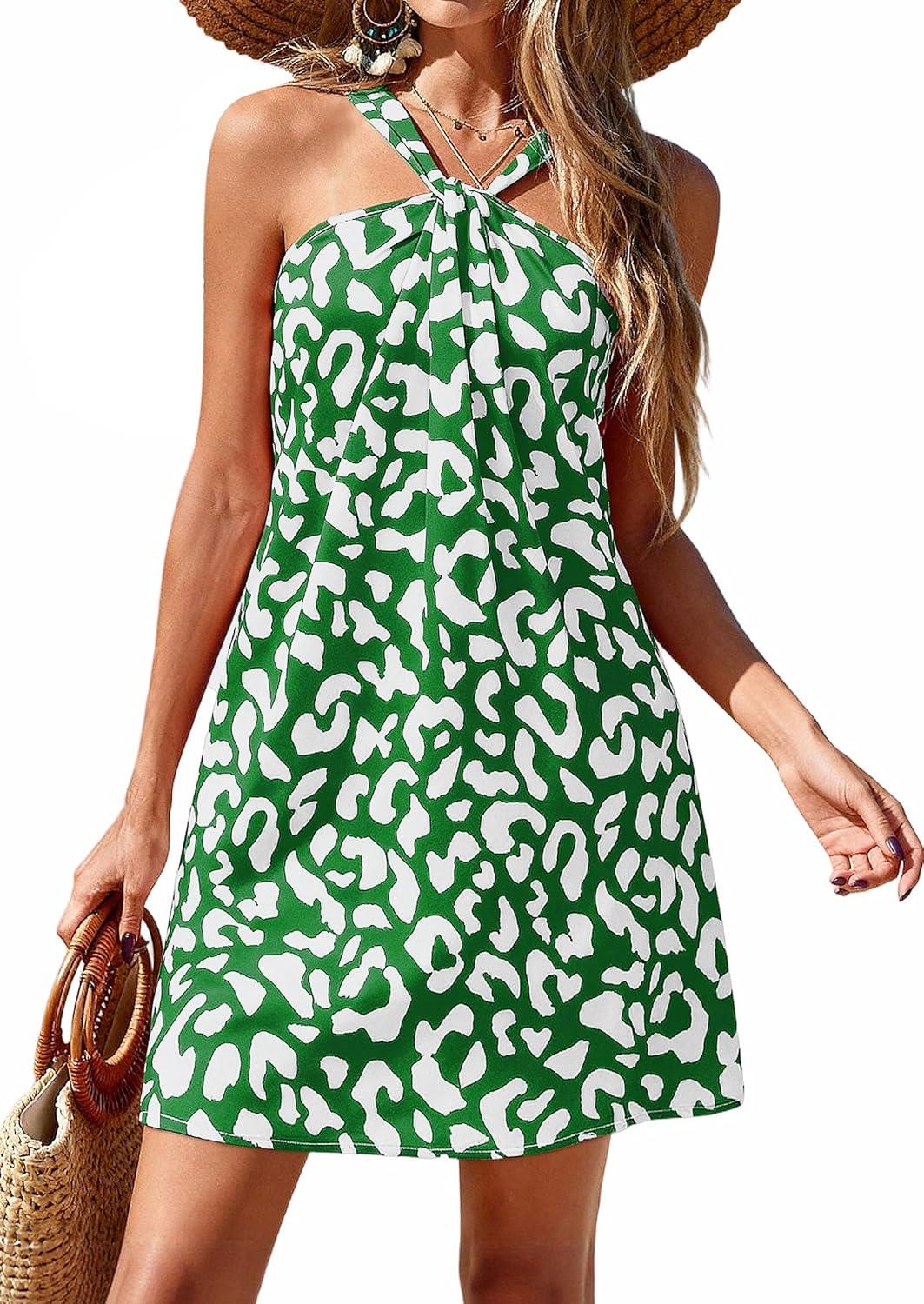 imagePRETTYGARDEN Womens 2026 Summer Halter Mini Dress Sleeveless Boho Floral Short Sundress Casual Flowy Beach DressesGreen Leopard