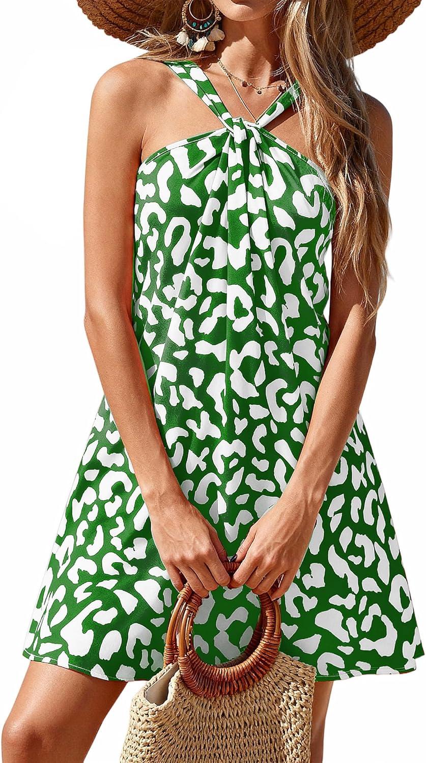 imagePRETTYGARDEN Womens 2026 Summer Halter Mini Dress Sleeveless Boho Floral Short Sundress Casual Flowy Beach DressesGreen Leopard